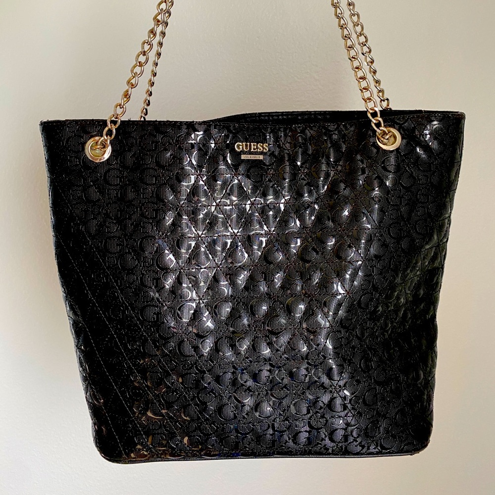 GUESS Black Large Shoulder Tote Bag with Metal Chain Handles